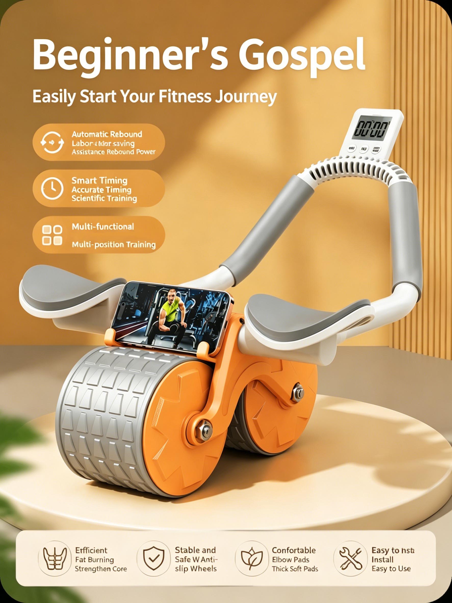 Ab Roller Wheel With Elbow Support - 肘サポート付き自動リバウンドアブホイール、スマホスタンド付き、コアトレーニング、ホームフィットネス用